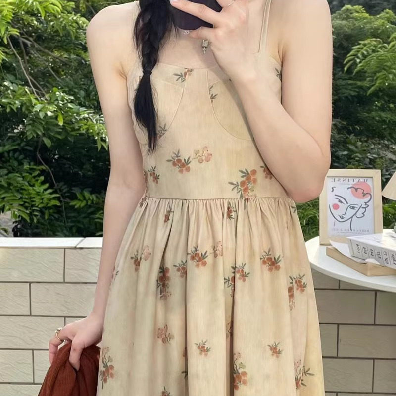 春秋打底裙灯芯绒连衣裙秋季花色吊带裙甜美碎花吊带长裙内搭无袖