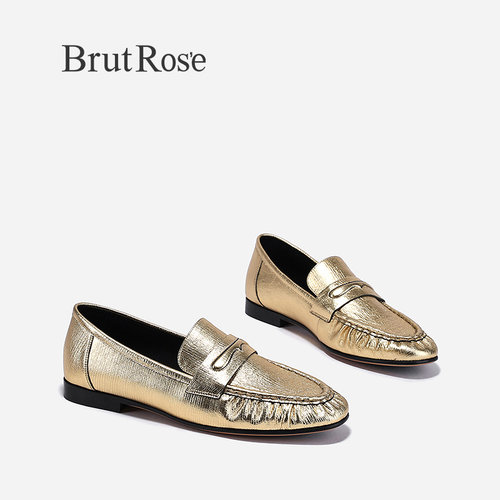 BrutRose2024春季新款褶皱潮流小皮鞋女金色JK制服鞋牛皮气质单鞋