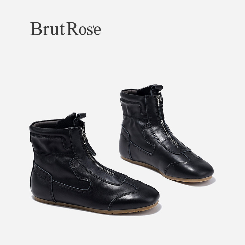 BrutRose2024冬季新款时髦欧美软底踝靴黑色时装靴女平底显瘦短靴