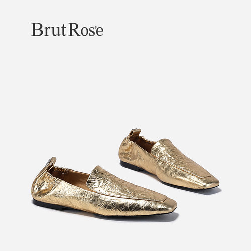 BrutRose2024春季新款羊皮金色小皮鞋女平底轻便单鞋一脚蹬乐福鞋