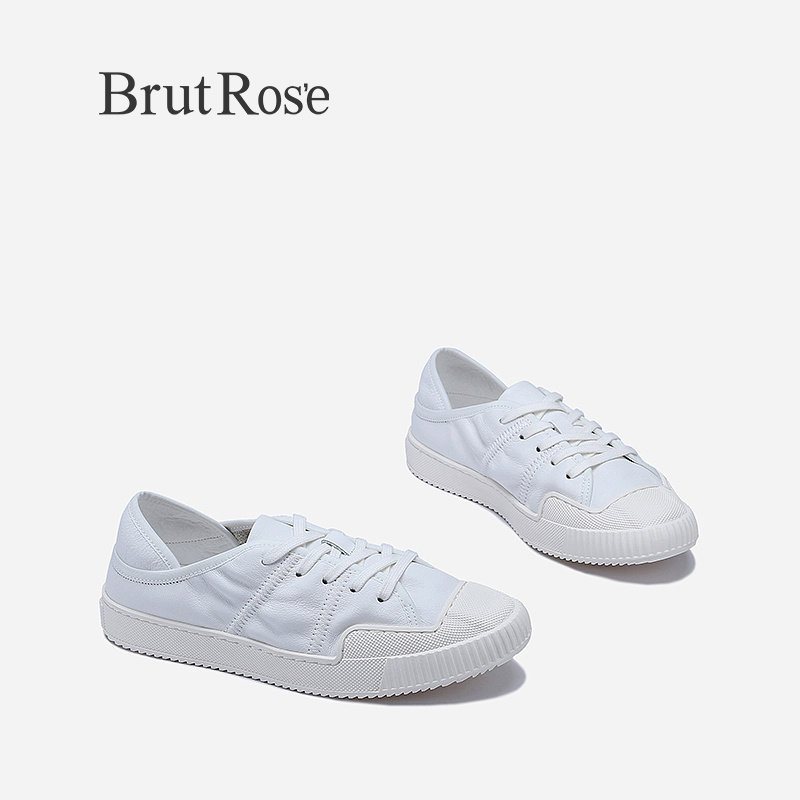 BrutRose2024夏季新款显瘦牛皮小白鞋女可踩后跟板鞋透气平底鞋子
