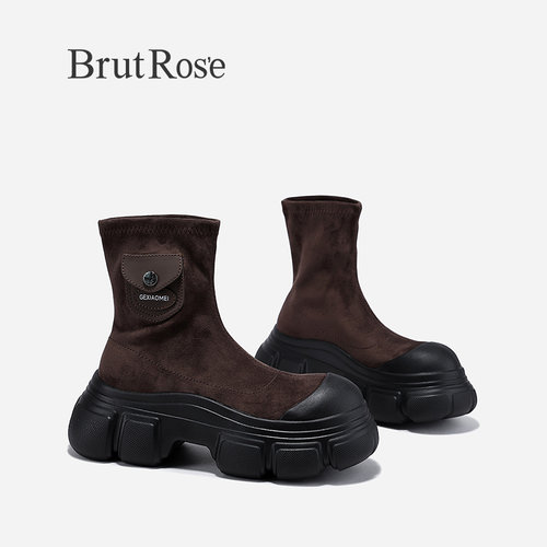 BrutRose2023秋季新款小个子增高弹力靴女口袋瘦瘦靴大头中筒靴子