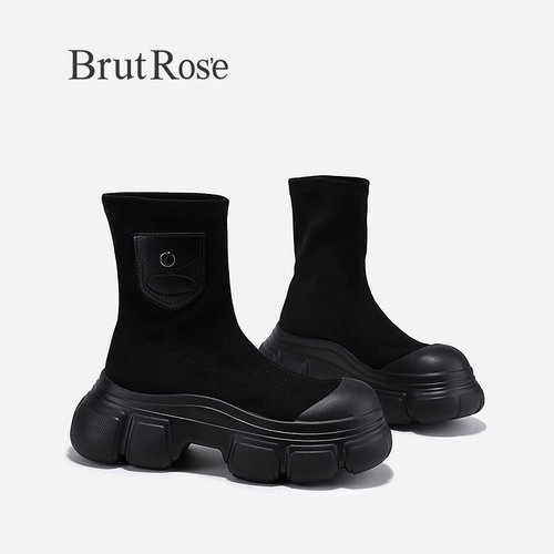 BrutRose2023秋季新款欧美复古口袋弹力靴女透气瘦瘦靴增高中筒靴