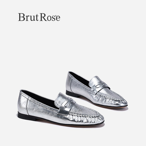 BrutRose2024春季新款平底牛皮小皮鞋女银色潮流JK制服鞋休闲单鞋