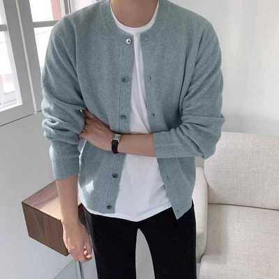 早秋薄款纯色针织开衫外套男