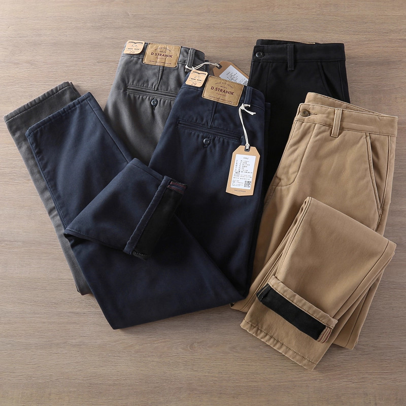 冬季加绒加厚纯棉直筒工装裤男