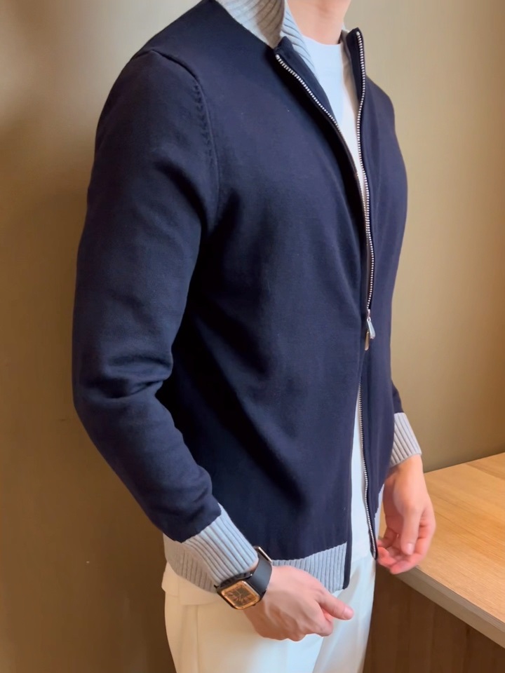 立领轻奢毛衣秋季男士拼色针织开衫修身长袖韩版极简拉链小外套潮