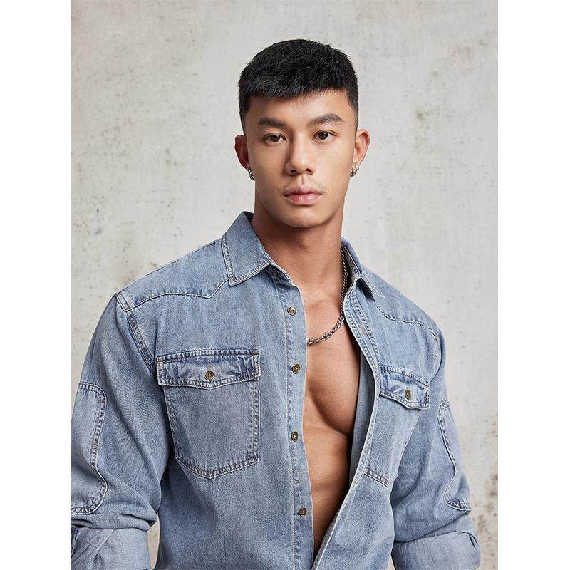 宽松潮牌长袖牛仔衬衫情侣薄上衣