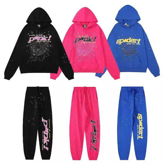 Popular Sp5Der 555555 Pink American Hip-Hop Trendy Brand Ins Street Style Loose Men's Hooded Sweatshirt Set
