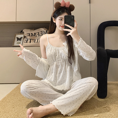 睡衣女春秋冬季纯棉带胸垫三件套