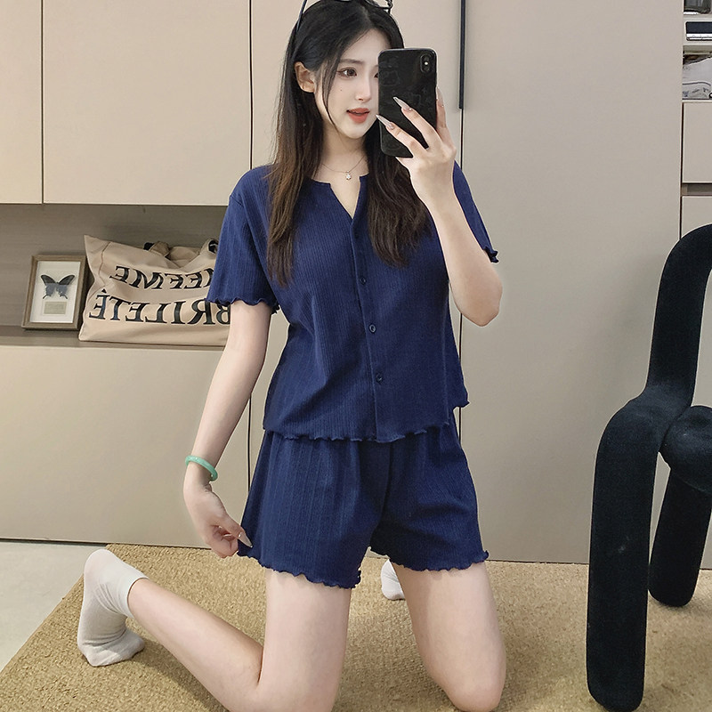 睡衣女款夏款短袖纯棉两件套装薄款V领简约开衫蓝色家居服可外穿