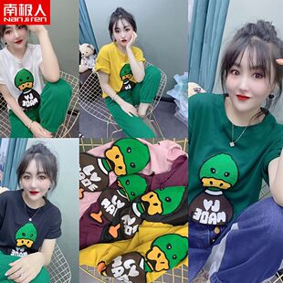 欧洲站2024秋冬磨毛加厚T恤女短袖卡通图案小鸭子打底上衣
