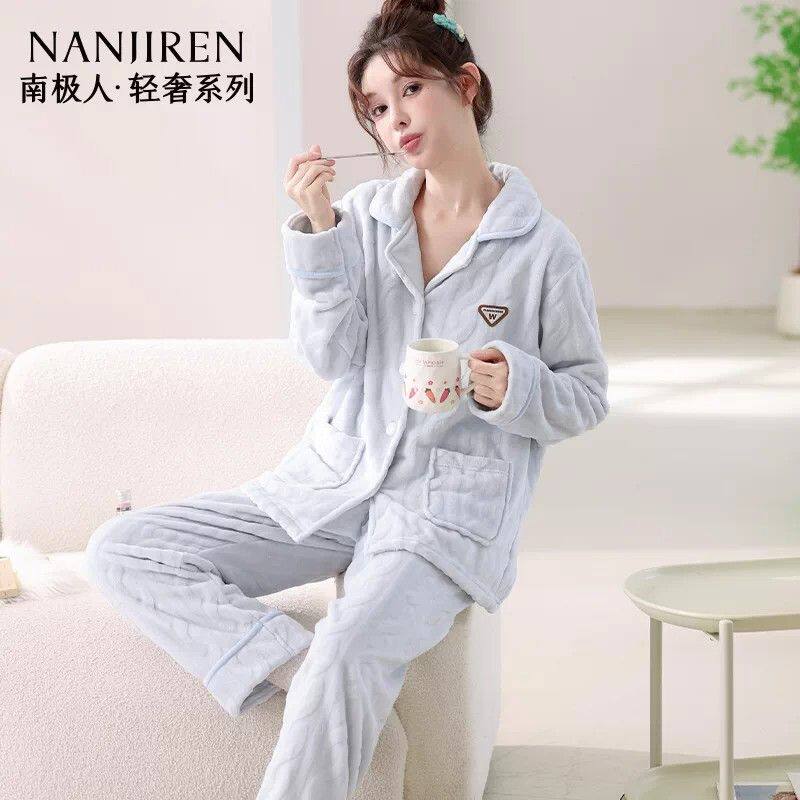 南极人珊瑚绒睡衣女2026秋冬款加绒加厚宽松大码法兰绒家居服套装