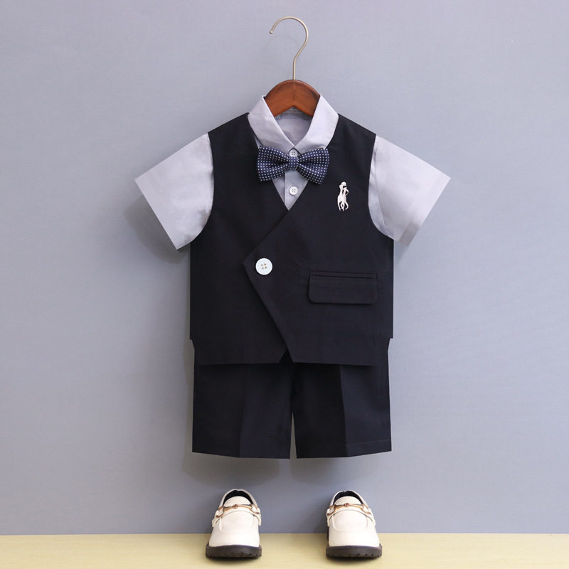 夏季男童礼服儿童生日西装马甲衬衫演出服装套装男孩宝宝花童婚礼