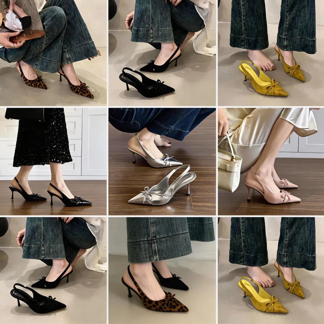 小众设计感仙女高跟鞋女豹纹蝴蝶结尖头浅口气质细跟包头后空凉鞋