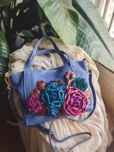 玫瑰。优雅立体花朵全植鞣牛皮头层手提斜挎原创手工菜篮子女包