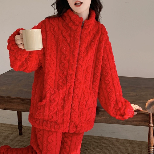 Красная коралловая бархатная утепленная пижама, фланелевый демисезонный оберег на день рождения