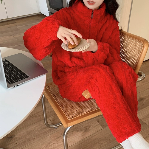 Красная коралловая бархатная утепленная пижама, фланелевый демисезонный оберег на день рождения