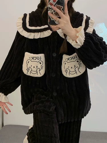 Черная коралловая бархатная зимняя утепленная фланелевая пижама для принцессы, с медвежатами