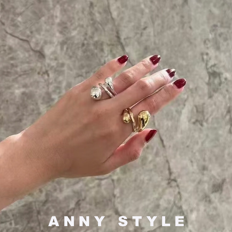 anna欧美极简金银水滴925银戒指