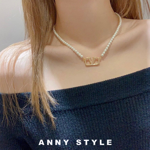 anna欧美气质v字母大小珍珠项链