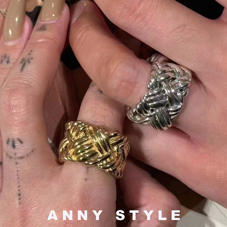 anna情侣925银欧美金银编织戒指