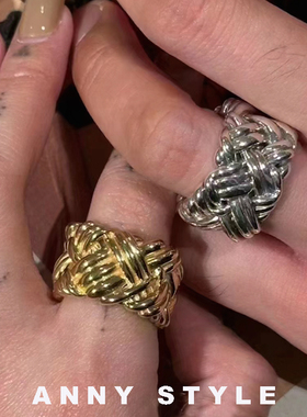 anna情侣925银欧美金银编织戒指