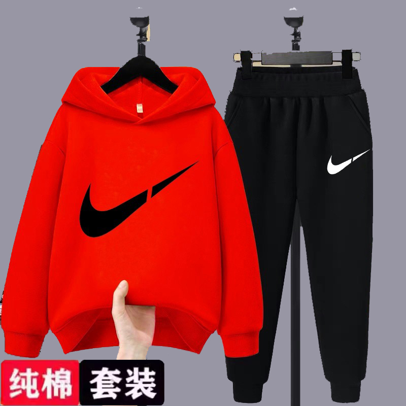 Детский спортивный костюм бренда Tide, весенне-осенний новый стиль в западном стиле для мальчиков и девочек, свободная спортивная одежда с капюшоном и бархатный костюм-двойка Изображение 1