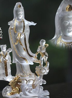 童子拜观音贴金寺庙摆放琉璃佛像