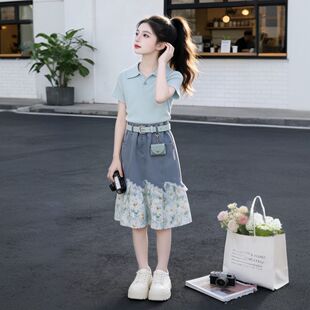 2026新款女童裙子夏季儿童装女孩牛仔拼接裙女大童夏装洋气套装裙