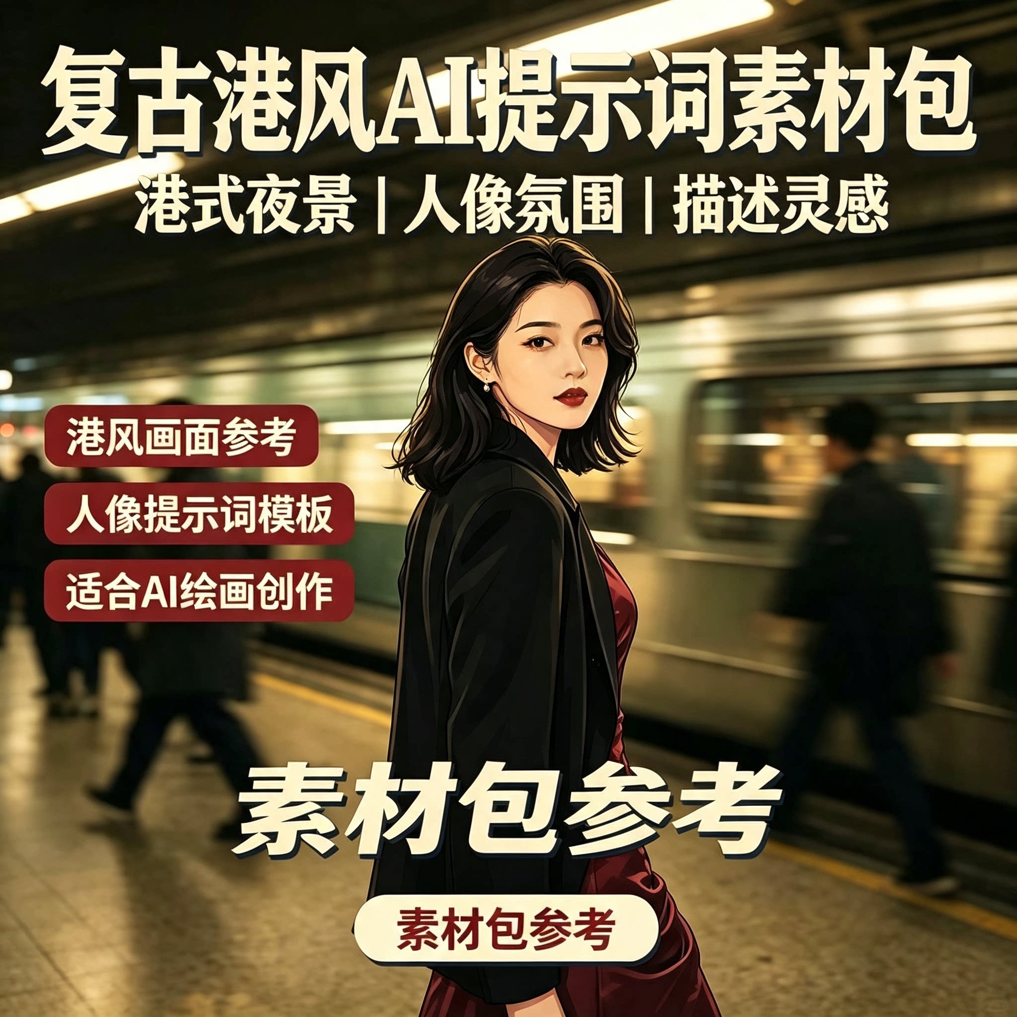 复古港风人像AI绘画提示词港式夜景氛围画面描述创作参考模板