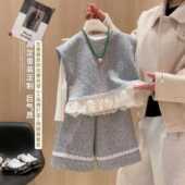 亲子装 小香风碎花蕾丝花边背心高弹打低阔腿裤 新款 女童三件套春季