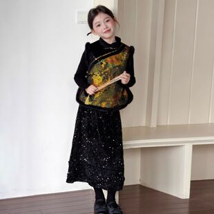 女童拜年服2026新年战袍冬季甜美女孩中国风织金马甲打底半裙套装
