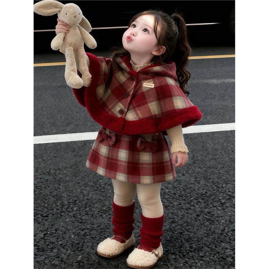 女童复古格纹斗篷半身裙套装秋冬加绒甜美洋气公主裙两件套童装,童装/婴儿装/亲子装,儿童运动套装,淘宝优惠券,粉丝福利购,淘宝优惠卷