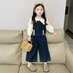 2026秋季新款女童时髦翻领衬衫套装中小童洋气百搭牛仔马甲休闲裤
