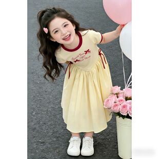 女童甜美连衣裙夏季 小女孩洋气蝴蝶结公主裙奶黄撞色夏裙 2026新款