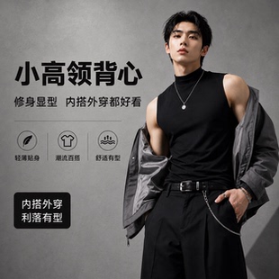 肌肉男健身训练服兄弟纯色透气打底运动无袖T恤高领弹力速干背心
