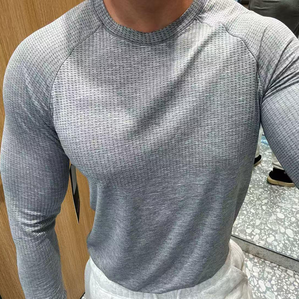 无缝提花速干长袖t恤男款运动健身透气训练服户外骑行紧身打底衣