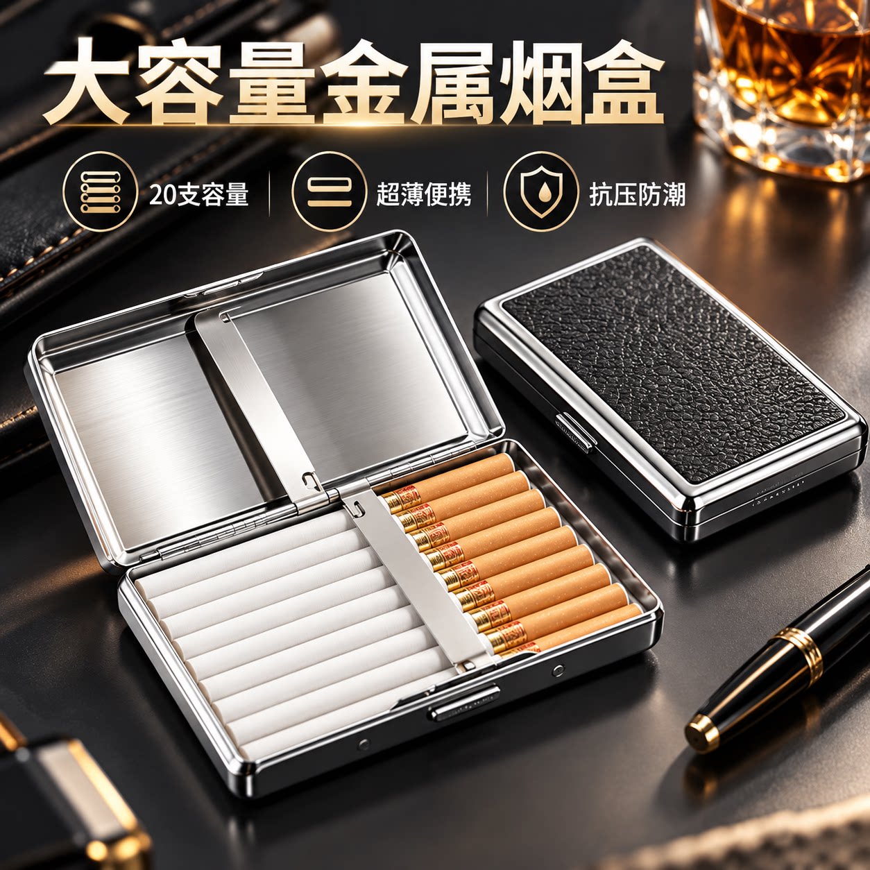 新款金属皮革烟盒20支装粗中细三用便携抗压烟盒卡扣防潮男士烟盒