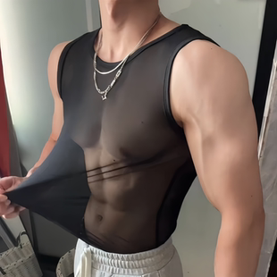 男士性感网纱吊带背心薄透高弹健身上衣透明镂空网眼修身圆领打底
