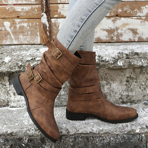 Flat bottomed leather boots, plus size belt women's low heel
