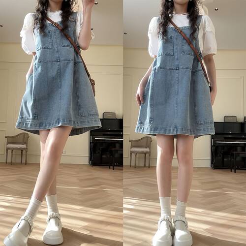womens loose casual waist elastic denim shoulder short dress