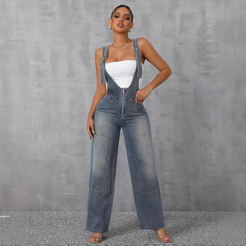 New style - # Women's shoulder strap jumpsuit wide leg denim