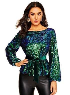 Velvet waistband cinched waist sequins womens pullover shirt