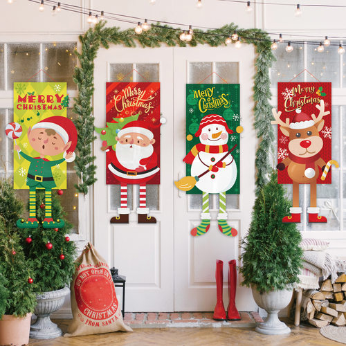 Christmas reindeer, snowman, old man, hanging flags, decora