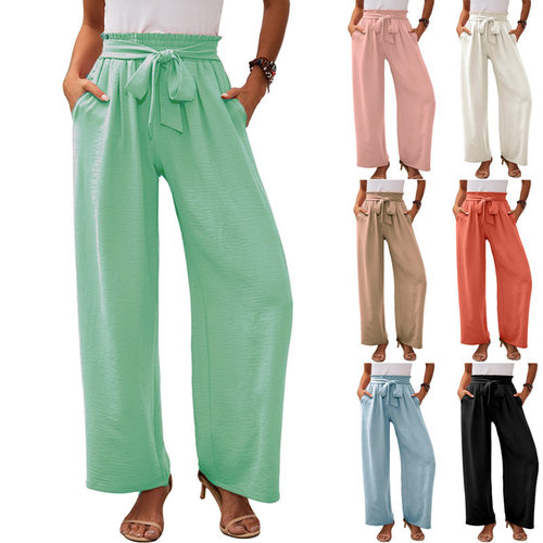New Women's Wide Leg Casual Pants with High Waist Knot Loose