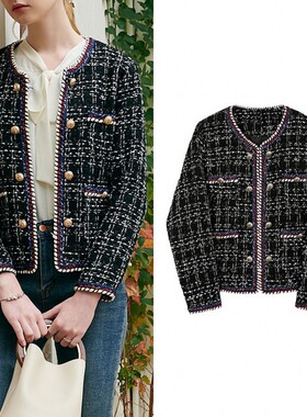 Women's black white checkered coarse plus size jacket coat