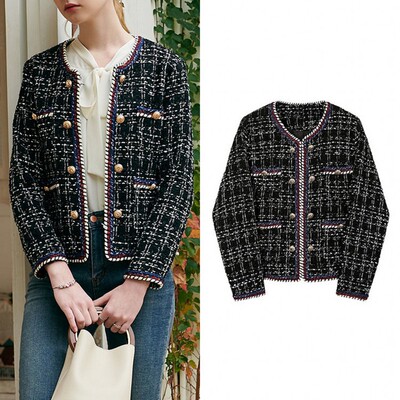 Women's black white checkered coarse plus size jacket coat