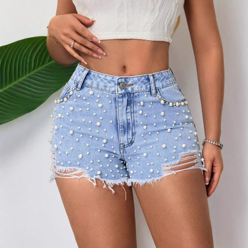 -Women's pearl fashion denim shorts, jeans, denim mid waist