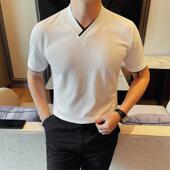 短袖 冰感V领打底0207r 潮流修身 T恤男撞色拼接交叉V领冰丝半袖 夏季